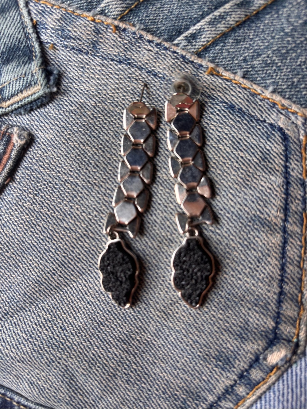 Silver and Black Textured Drop Earrings - Women Jewelry